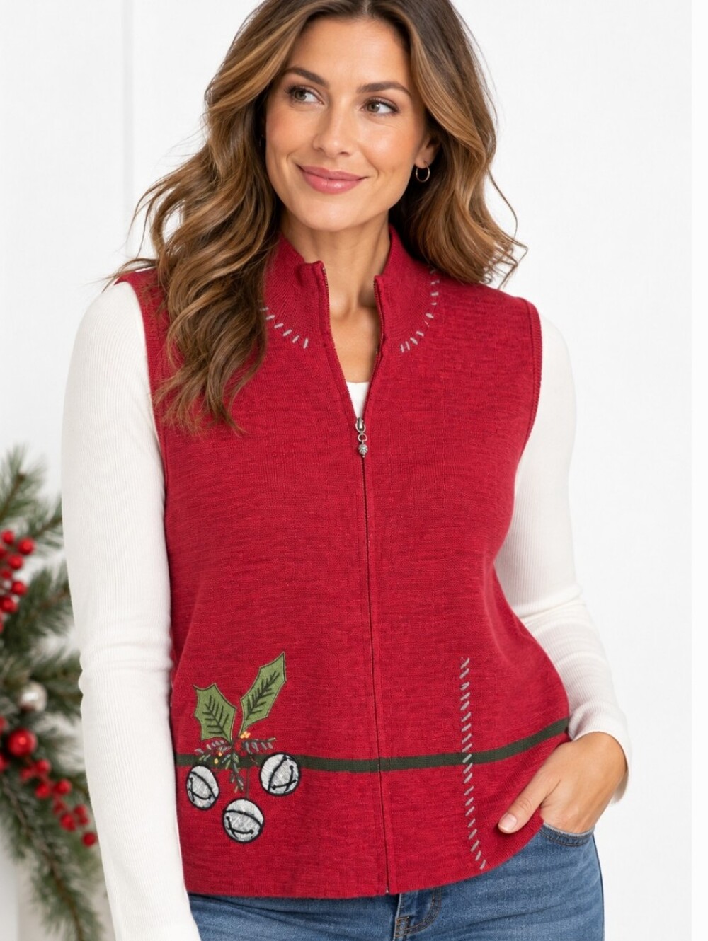 Woolrich Women’s L Ruby Red Ramie Cotton Zip Sweater Vest Lambswool Holiday